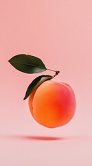 Aufkleber - Fresh, ripe apricot with leaves gracefully levitating against a vibrant pink backdrop, creating a visually appealing and minimalist composition