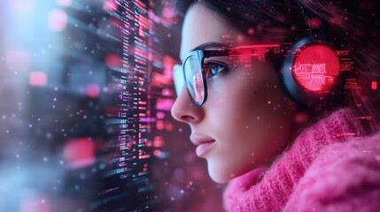 Poster - Focused Woman in Headphones Engaged with Computer Screen Illuminated in a Modern Workspace Reflecting Concentration and Creativity