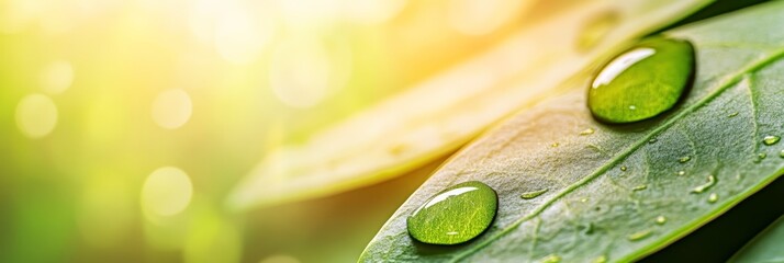 Poster - Sparkling water droplets rest on lush green leaves, reflecting the warm sunlight in a serene natural setting, creating a refreshing and vibrant image of nature's beauty