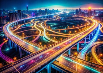 Poster - Futuristic Aerial View of Digital Highway: Glowing Data Streams & Network Connections