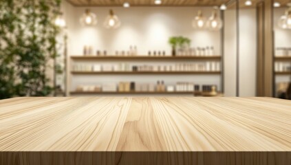 Fototapete - An empty, beautiful wooden tabletop counter in a clean, bright interior with a blurred, bokeh-like beauty salon background, perfect for a display poster mockup. 3D rendering illustration