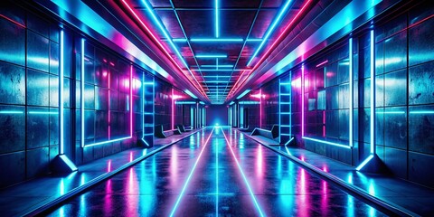 Poster - Futuristic Blue Neon Hallway: Abstract Double Exposure Stock Photo