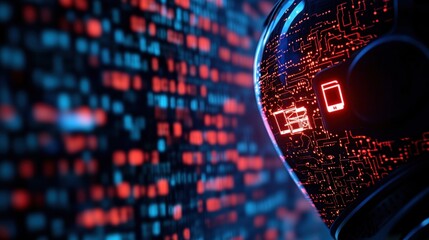 Poster - Mysterious Robot with a Red Light on Its Face Standing in a Futuristic Setting Evoking Intrigue and Technological Wonder