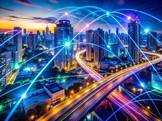 Poster - Futuristic Cityscape: Glowing Data Streams & Traffic Flow at Night