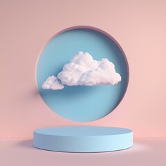 Poster - Romantic blank mockup and beauty products valentine. Floating cloud in a circular frame against a pastel background creates a serene atmosphere.