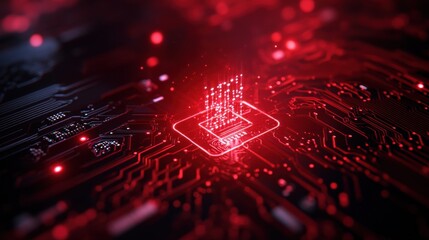Poster - Intricate Circuit Board with Illuminated Red Light Symbolizing Technology Innovation and Modern Engineering Precision