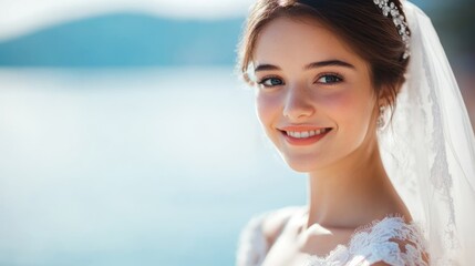 bride in elegant white wedding dress on tranquil seashore smiling against serene blue ocean backdrop with vast copyspace for text