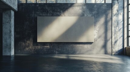 Sticker - Industrial studio interior with large blank wall, dramatic light rays illuminating textured concrete surfaces and expansive empty copy space for text.