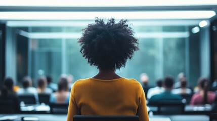 Poster - Bright modern conference room with diverse attendees focused on dark-skinned young woman presenting, ample empty copyspace for corporate text.