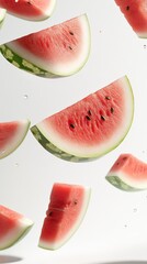 Aufkleber - Several slices of fresh, ripe watermelon with black seeds are levitating against a clean white background, creating a vibrant and refreshing summer scene