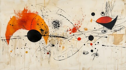 Canvas Print - Abstract painting with orange, black, and white shapes, splatters, and lines on textured beige background.