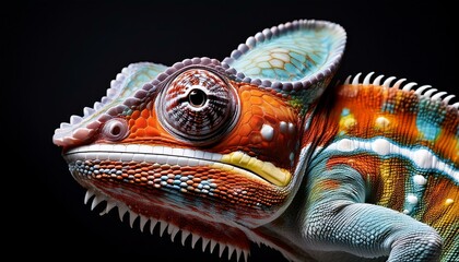 vibrant close up of a colorful chameleon with detailed skin patterns on a black background