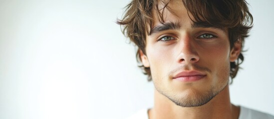 Poster - contemplative young man with tousled brown hair and blue eyes against a soft white background ideal 