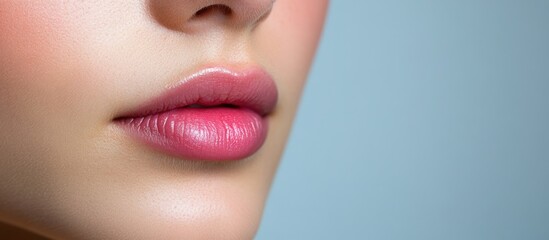 Sticker - Close up portrait of a young woman with fresh smooth skin and pink lips against a light blue background emphasizing beauty and skincare concepts