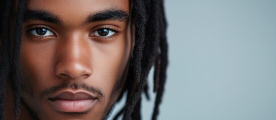 Poster - close-up portrait of a young stylish black man with dreadlocks against a soft blue background featur