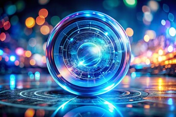 Poster - Futuristic Holographic Circle: Abstract Blue Tilt-Shift Technology Stock Photo