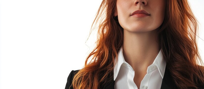 Professional businesswoman portrait with long red hair in black suit against white background, empty space for branding or text overlay.