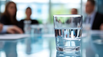 Poster - Professional Business Meeting with Glass of Water in Conference Room, Diverse Colleagues Collaborating, Empty Copy Space for Text, Soft Focus Background