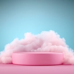 Poster - Romantic blank mockup and beauty products valentine. Soft pink platform surrounded by fluffy clouds on a pastel background.