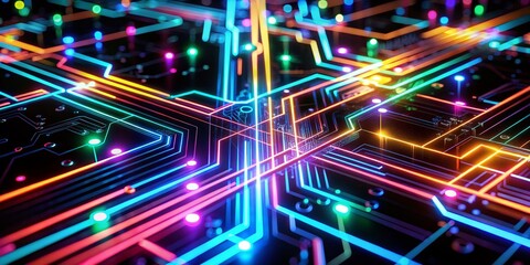 Poster - Futuristic Neon Circuit Network Silhouette: Infinite Loop Animation Stock Photo