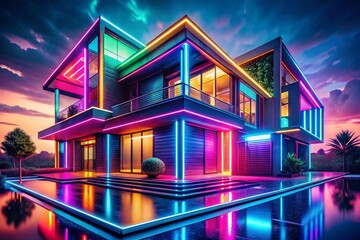 Poster - Futuristic Neon House 3D Render: Glowing Architectural Design