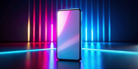 Poster - Futuristic Neon Smartphone on Black Table, Electric Blue Background