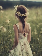 Wall Mural - Young girl wearing a light dress and flower crown standing in a vast green field surrounded by daisies with ample copyspace for text