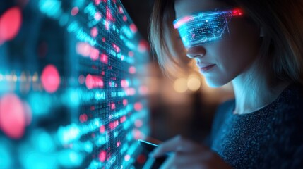 Poster - Woman Wearing Glasses Analyzing Data Display in Modern Office Environment with Focused Expression and Intense Concentration