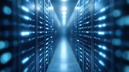 Poster - High Tech Server in Modern Server Room Surrounded by Fiber Optic Cables and LED Lights Creating an Innovative Atmosphere