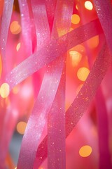 Wall Mural - Vibrant Abstract Background, Intertwined Red and Pink Ribbons with a Sparkly Finish and Golden Bokeh