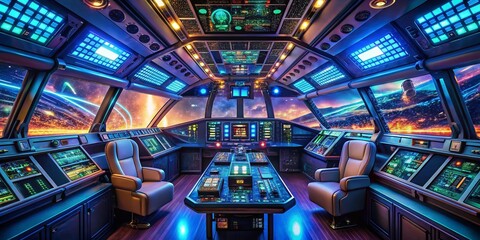 Poster - Futuristic Spaceship Bridge: Glowing Controls & High-Tech Panels - Drone Photography Style