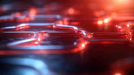 Poster - Close Up View of Intricate Metallic Chain Illuminated by Vibrant Red Lights Creating a Bold and Striking Visual Effect