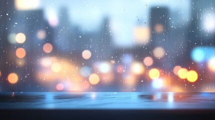 Aufkleber - Rain is falling on a windowpane, blurring the city lights in the background and creating a moody, atmospheric scene, with a reflective surface in the foreground