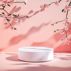 Poster - Romantic blank mockup and beauty products valentine. Minimalist display with a white circular platform and delicate pink flowers against a soft pink background.