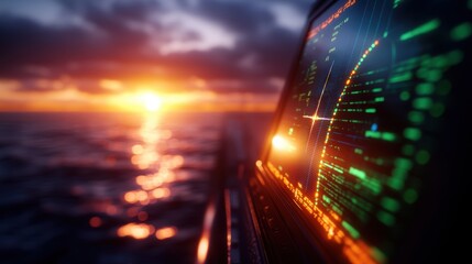 Poster - Vibrant Sunset Illuminating a Modern Workspace with a Computer Screen Showcasing Warm Colors and Peaceful Atmosphere