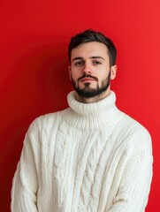 Poster - portrait of a bearded man wearing a cozy white cable-knit sweater against a vibrant red background w