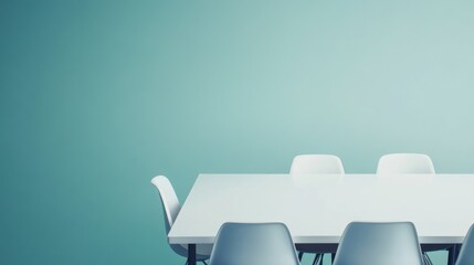 Poster - Modern Meeting Room Setup with Minimalist White Table and Chairs Against Soft Teal Wall for Collaborative Networking and Brainstorming Sessions