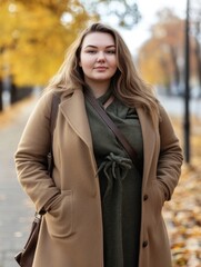 Wall Mural - Plump young woman in autumn scenery wearing a stylish coat, standing confidently in a vibrant park lined with golden leaves and empty walkways.