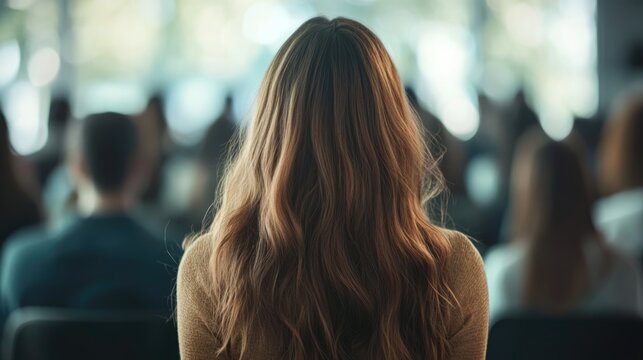 Multiethnic Student Group Collaboration in College with Focus on Beautiful Young Woman with Long Hair in Soft Brown Tones Creating Empty Copyspace for Text