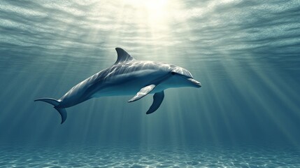 Poster - Dolphin swimming gracefully underwater in sunlit ocean waters, creating a tranquil and captivating scene that showcases the beauty of marine wildlife in its natural habitat