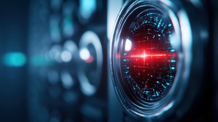 Poster - Intricate Close Up of a Camera Lens Illuminated by a Vibrant Red Light Highlighting Technical Precision and Artistic Passion