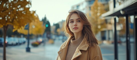 Wall Mural - Portrait of young woman in casual fall fashion standing on city street with autumn foliage, warm golden tones, and empty space for text.