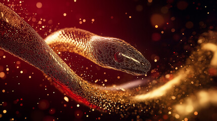 Wall Mural - Serpentine Gold: A mesmerizing digital art piece depicting a sleek, dark snake adorned with shimmering golden particles, gliding through a fiery red and gold backdrop.  The image evokes mystery.