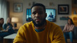 © Aditya - A young Black man sits in his living room, looking directly at the camera with a serious expression. Two women are blurred in the background, one using a device.  He wears a mustard-yellow sweater.