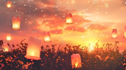 Wall Mural - Glowing Ramadan lanterns under a stunning sunset background, peaceful evening atmosphere, extra space is provided for text