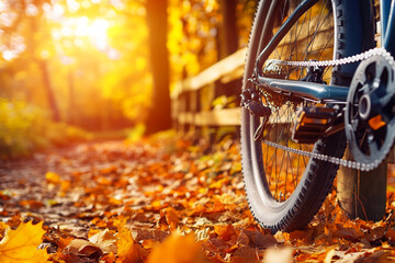 Poster - Bicycle on a leaf-covered path during a golden autumn sunset