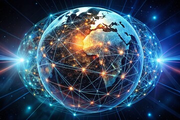 Poster - Global Network: Digital Globe Showing International Communication & Data Exchange