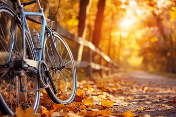Poster - Blue bicycle on an autumn forest path with golden sunlight and fallen leaves
