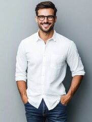 Poster - smiling young adult man wearing glasses in smart casual white shirt standing confidently on grey bac