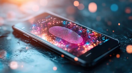 Poster - Closeup of a Smartphone Screen with a Distinct Fingerprint Marking Reflecting Usage and Everyday Modern Life Context